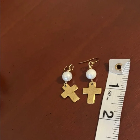 Gold Cross Dangle Earrings with White Pearl - Picture 3 of 3